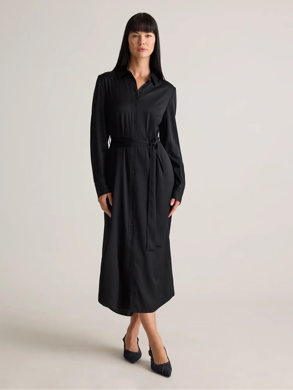 Quince Washable Stretch Silk Maxi Shirt Dress Black Sz L Excellent Condition